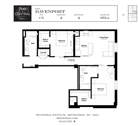Floor plan for 2 beds, 2 baths, 955 sqft